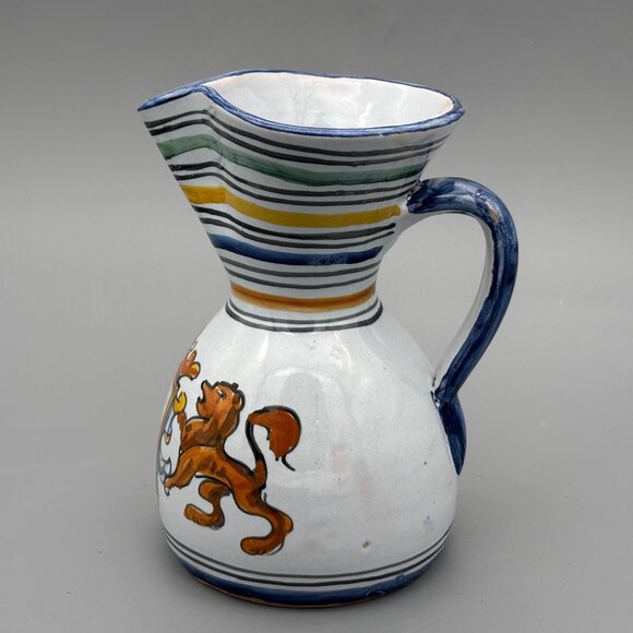 Vintage Talavera Spain Pottery Pitcher with Hand-Painted Lion Striped Rim 8 Inch - Picture 2 of 9
